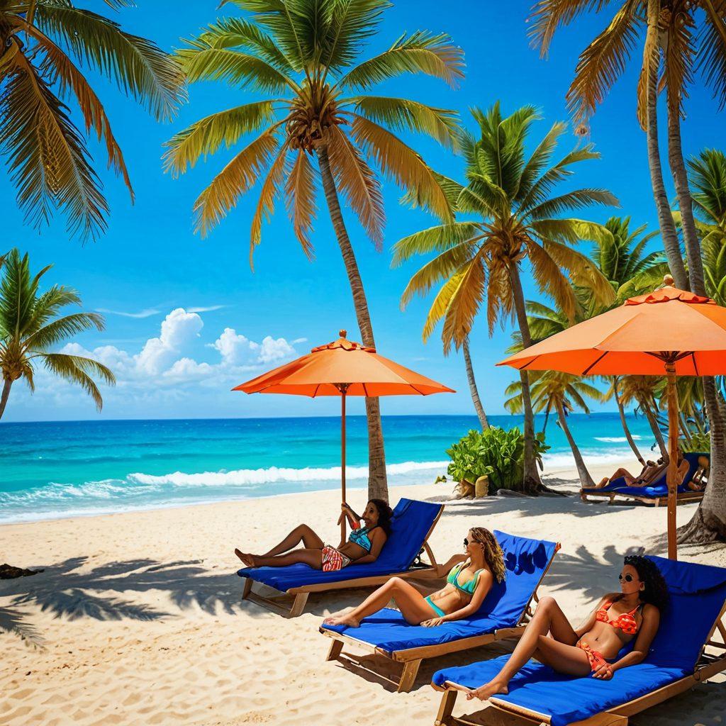A vibrant beach scene featuring diverse women of different body types and ethnicities flaunting trendy summer bikinis, surrounded by tropical palm trees, sun loungers, and colorful beach umbrellas. The image captures a joyful atmosphere with bright sunlight reflecting off the ocean waves, showcasing a variety of bikini designs and patterns. The background is filled with beachgoers enjoying summer activities. super-realistic. vibrant colors. sunny ambiance.