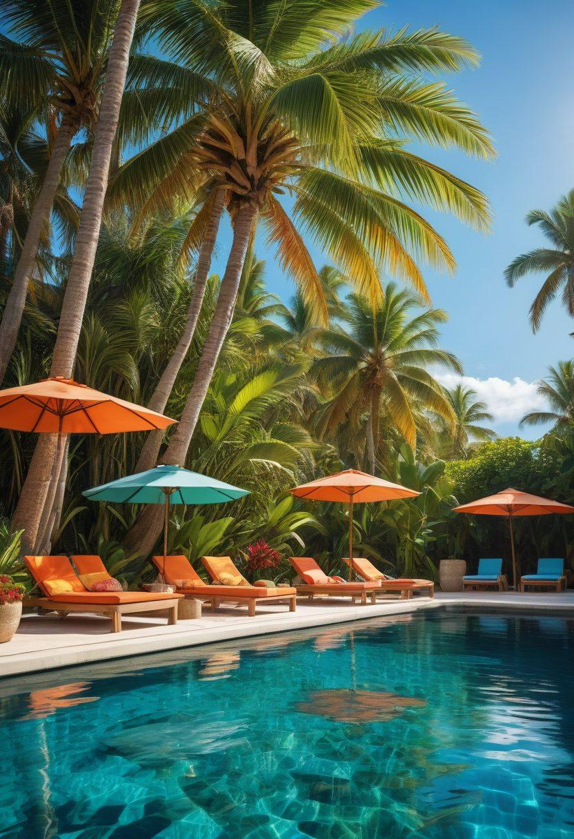 A vibrant beach scene featuring a diverse group of friends at a lively pool party, adorned in colorful swimwear, surrounded by palm trees and tropical drinks. In the background, a luxurious resort with sunbathers and crystal-clear waters. The atmosphere should exude joy and relaxation, emphasizing trendy swimwear styles for various body types. Bright sun and azure sky. super-realistic. vibrant colors. tropical theme.